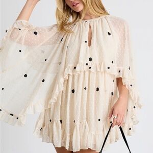 Rhozie Sage Blue Swiss Dot Cape Sleeve Tiered Mini Dress
